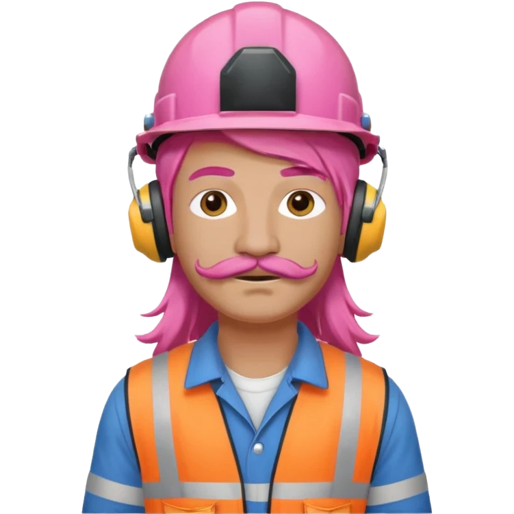 construction worker with long pink hair and protective headphones and mustache emoji