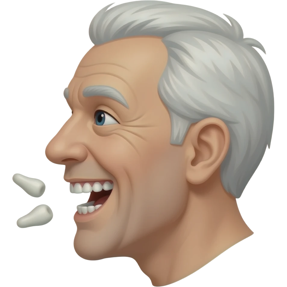 side view of an old man laughing with his dentures flying out of his mouth leaving him toothless emoji