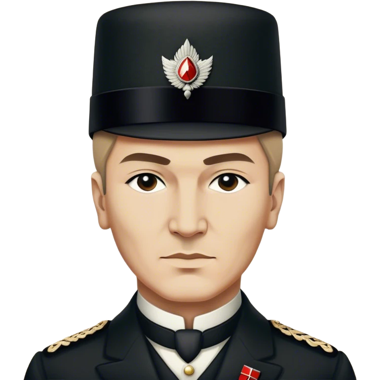​Cinematic Realistic Portrait of a Young Mustafa Kemal Atatürk, depicted in his iconic tall black hat and traditional attire with a confident, visionary expression, rendered with rich historical textures and warm, inspiring lighting that captures his youthful dynamism and transformative leadership, emoji