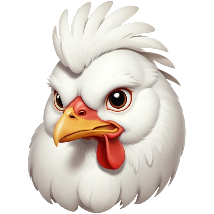 Cinematic Noble White Chicken Portrait Emoji, Poised and regal, with a compact, sturdy build and a pristine, well-groomed pure white plumage, deep-set soulful beady eyes, Simplified yet sharp and sophisticated features, highly detailed, glowing with a soft, dignified glow, high shine, intelligent and alert, stylized with an air of barnyard elegance, focused and attentive, soft glowing outline, capturing the essence of a watchful and confident fowl, so majestic it feels as though it could strut out of the screen with effortless authority! emoji