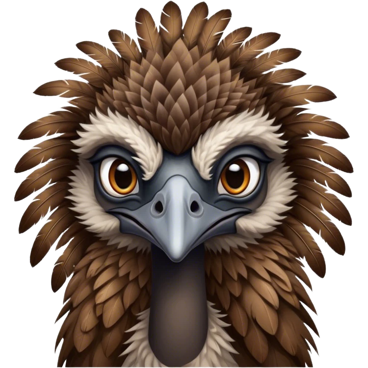 Cinematic Noble Emu Portrait Emoji, Poised and regal, with a tall, slender build and a shaggy, well-groomed fur of earthy brown feathers, a long elegant neck and deep-set soulful eyes, Simplified yet sharp and sophisticated features, highly detailed, glowing with a soft, dignified glow, high shine, intelligent and stately, stylized with an air of outback majesty, focused and attentive, soft glowing outline, capturing the essence of a watchful and confident bird, so majestic it feels as though it could stride out of the screen with effortless authority! emoji
