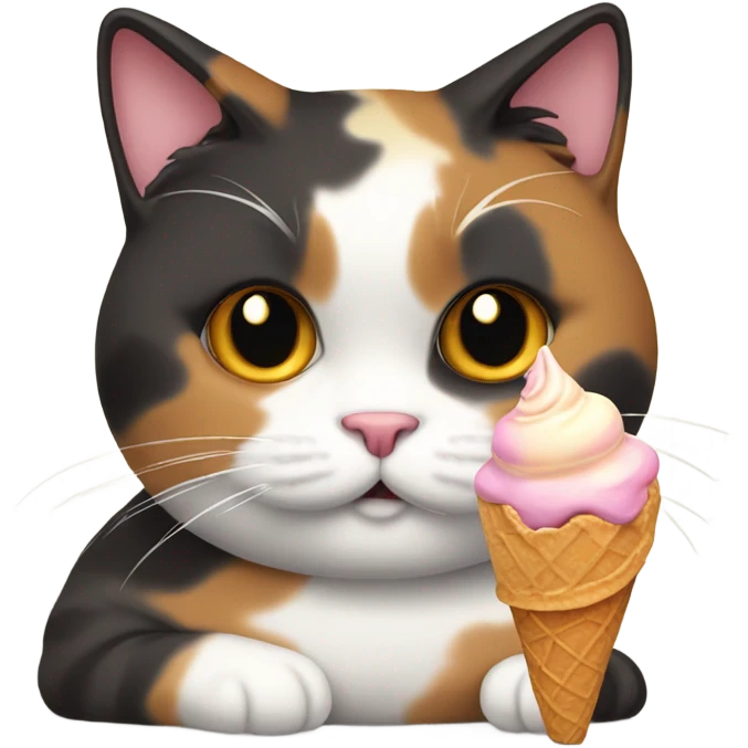 Fat aloof calico cat eating ice cream cone emoji