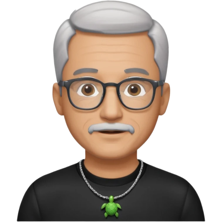 Tony Barceló is a large, strong, lively man in his 70s with short, neatly combed gray hair and a trimmed goatee. He has a broad round face, square glasses, and a confident presence. He wears a black outfit with a silver turtle necklace, reflecting his thoughtful, creative energy as a writer. emoji