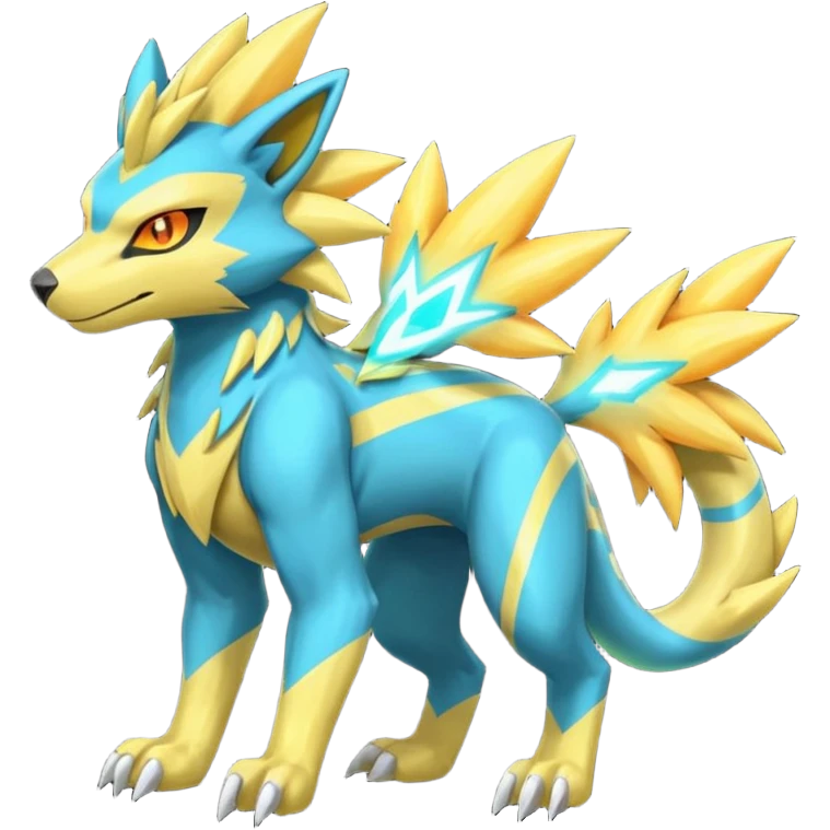 Cyan manectric-Electrike-Zeraora-fusion with neon-green stripes and orange eyes (full body) emoji