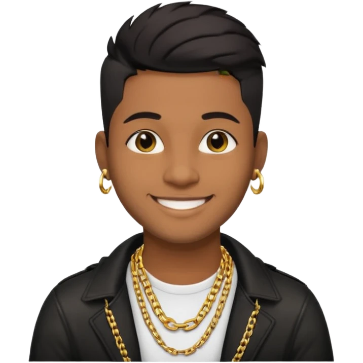 modern style music producer, 30 years old, brown skin, short black undercut hair, wearing a gold chain, smiling emoji
