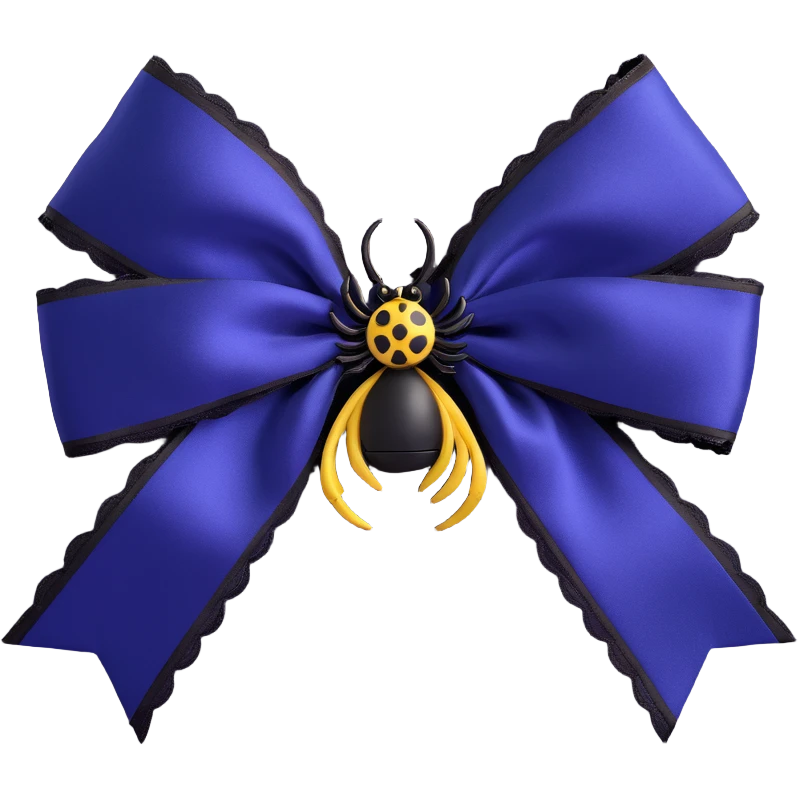 gothic bow, deep indigo satin, black lace trim, silver spider charm, moody and elegant emoji