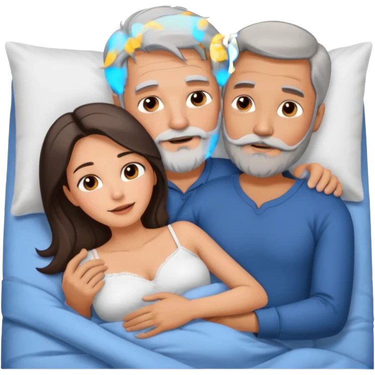 Man with grey hair and beard, and beautiful brunette woman in bed in spooning position  emoji
