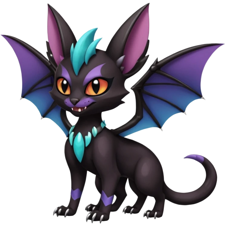 dark spooky badass cool shiny glossy smooth soft Black edgy Noivern-Noibat-Purloin-Torracat-Lykoi-Caracal-cat-Fakemon-fusion-hybrid-creature with bat wings on head as ears, big fangs, gothic markings emoji