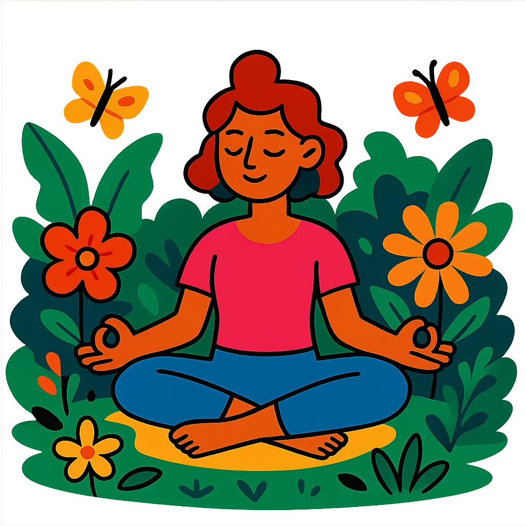 A vibrant self-care scene with a person practicing yoga in a lush garden, surrounded by flowers and butterflies emoji
