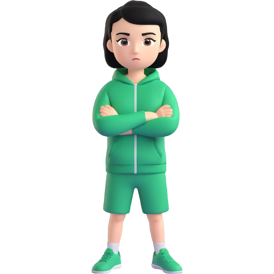 main character from Squid Game wearing green tracksuit, short black hair, serious face, arms crossed emoji