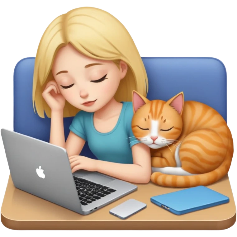 A girl works on a laptop with a cat sleeping next to it emoji