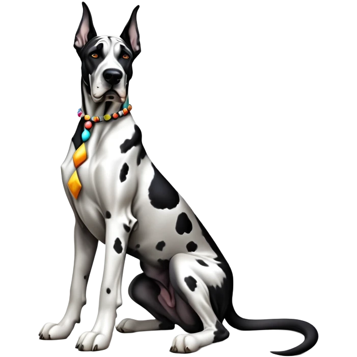 cinematic-[harlequin great dane]-realistic-full-body-sitting-emoji,-tail-resting-loosely-beside-its-paws,-head-tilted-dramatically, ears drooped, -sleek-[black and white]-fur,-simplified-yet-realistic-focused-features,-highly-detailed,-glowing-with-an-almost-sarcastic-glow emoji