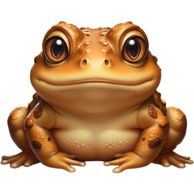 Cinematic Cute Toad Portrait Emoji, Head tilted playfully and inquisitively, featuring a charmingly plump form with bumpy, textured skin in rich earthy hues and round, sparkling eyes full of gentle mischief, Simplified yet irresistibly adorable features, highly detailed, glowing with a warm, friendly woodland glow, high shine, affectionate and lively, stylized with a touch of whimsical nature charm, soft glowing outline, capturing the essence of a mischievous yet loving toad that seems as if it could hop out of the screen into your arms! emoji