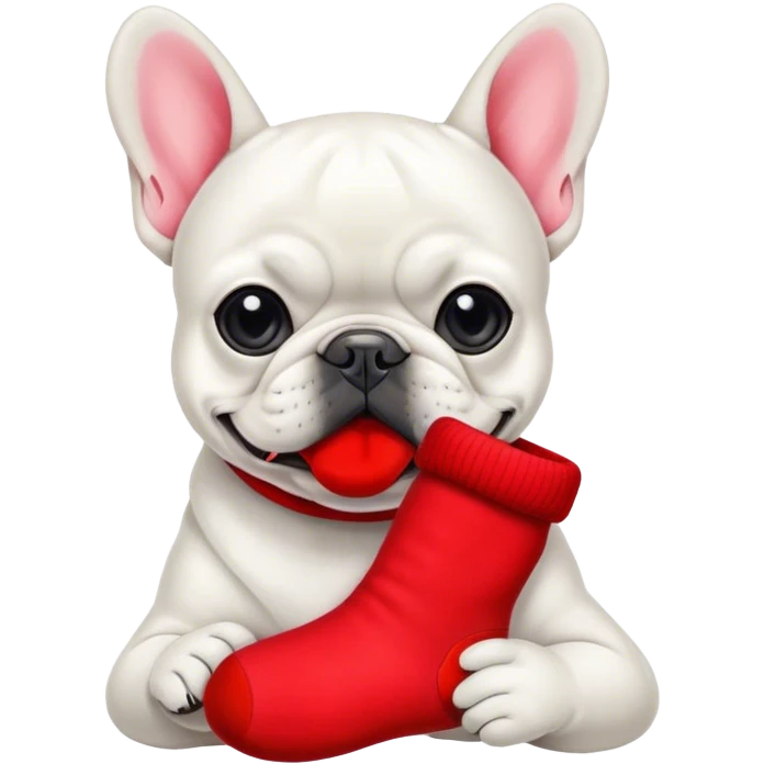 Black and white Bouledogue français eating a red sock  emoji