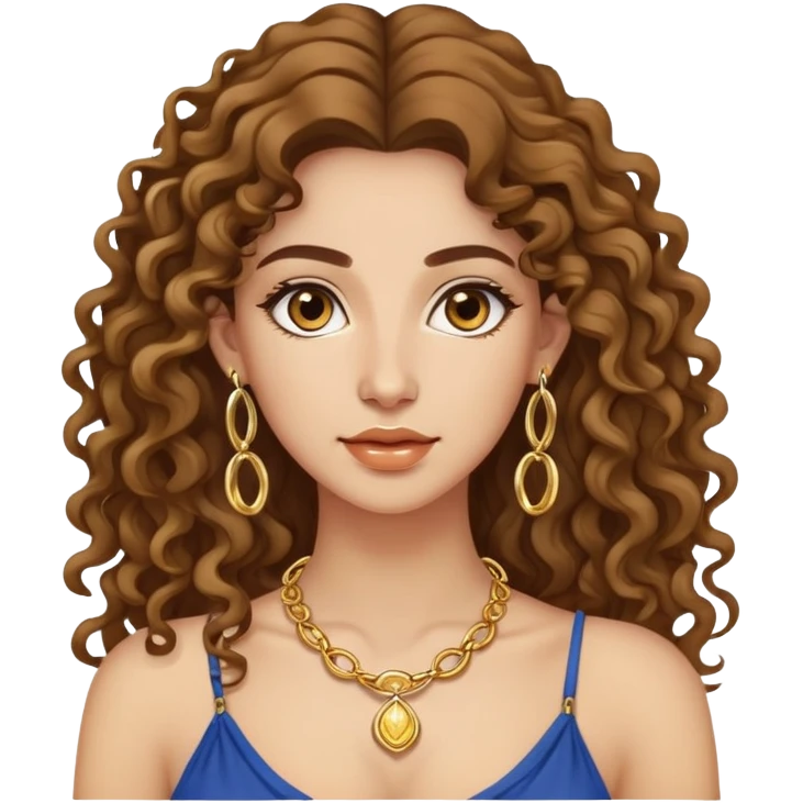 attractive Greek woman with long curly hair and light skin wearing gold hoop earrings and a gold necklace emoji