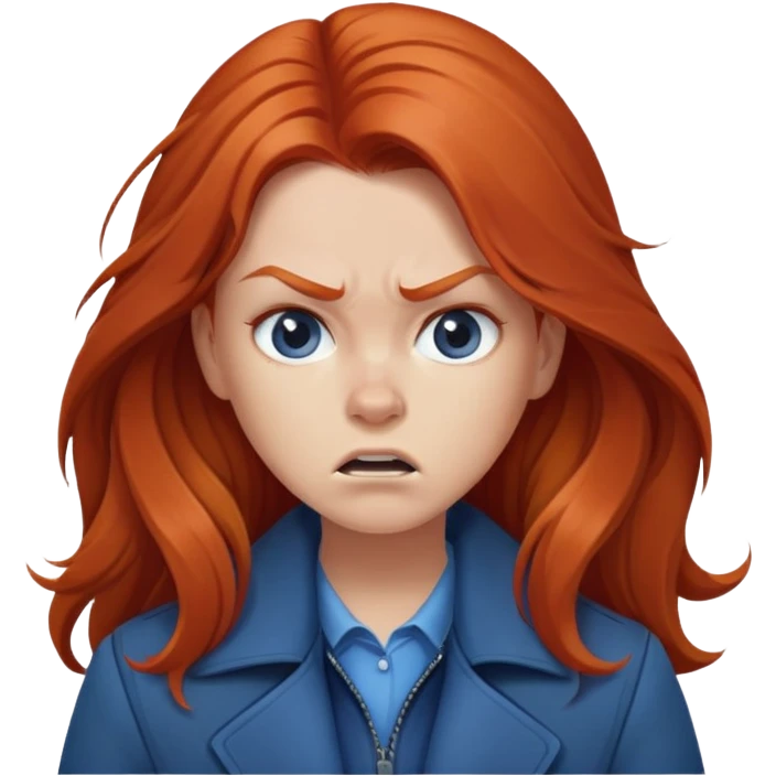 Redhead girl with long hair in blue jacket looking angry emoji