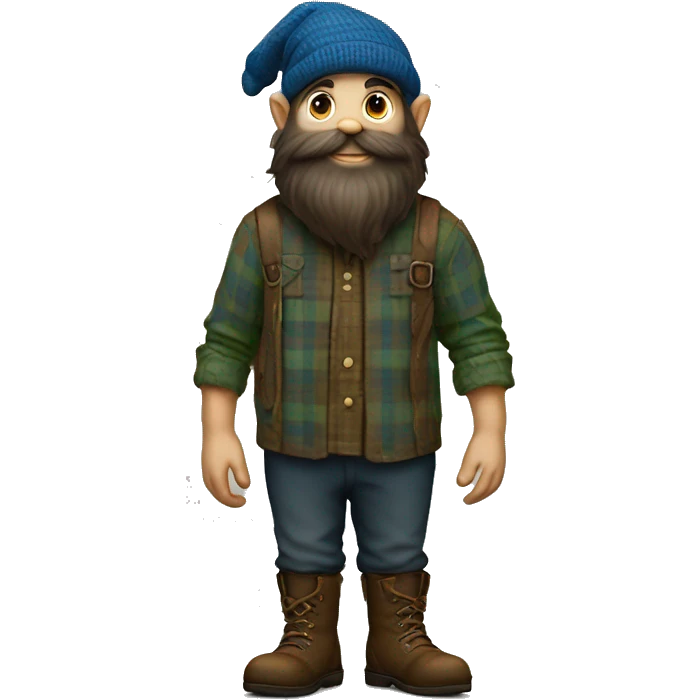 Full-length, dark-bearded, young gnome with a blue woolen hat, brown boots and a green plaid shirt. The body should be cartoonish and not realistic. emoji