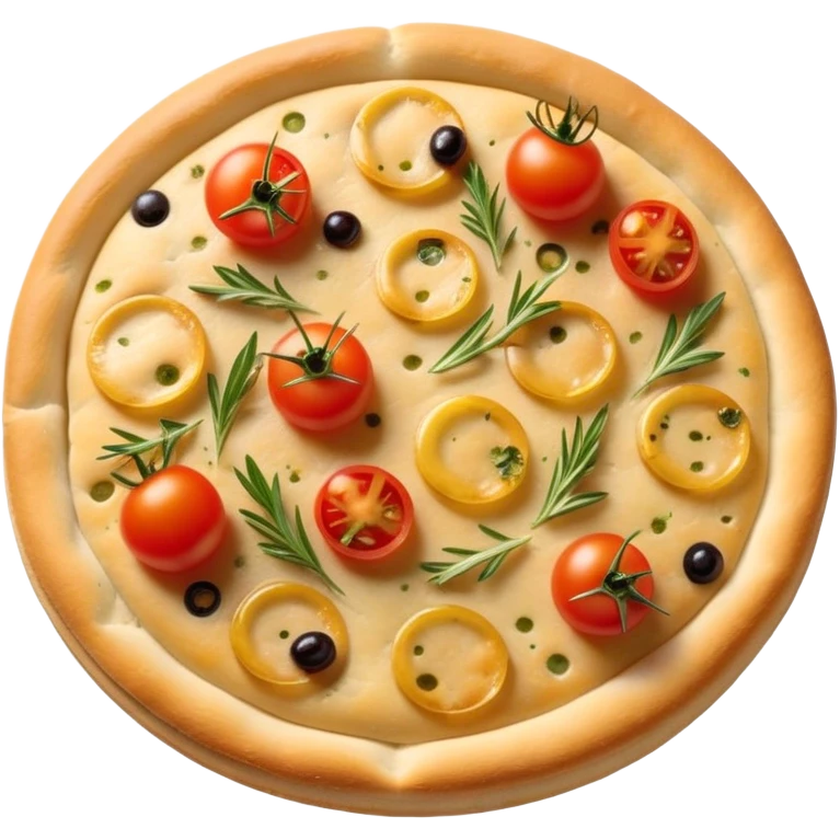 cinematic-realistic-focaccia-bread-dish-emoji,-depicted-as-a-golden,-olive-oil-brushed-flatbread-sprinkled-with-herbs-rendered-with-lifelike-texture-and-soft,-appetizing-lighting showing olives on top and the cherry tomatoes emoji