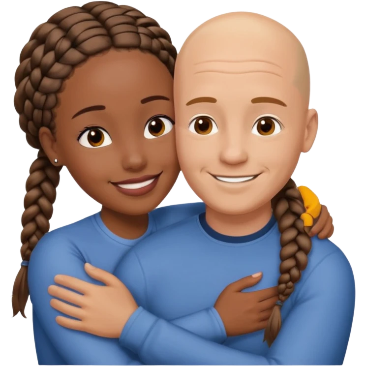 Bald white guy hugging black female friend with braids emoji