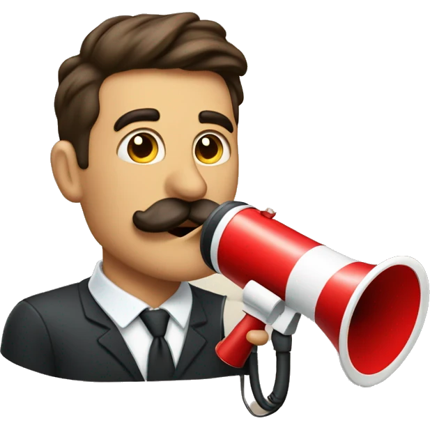 a heart and a megaphone behind a man who has a moustache emoji