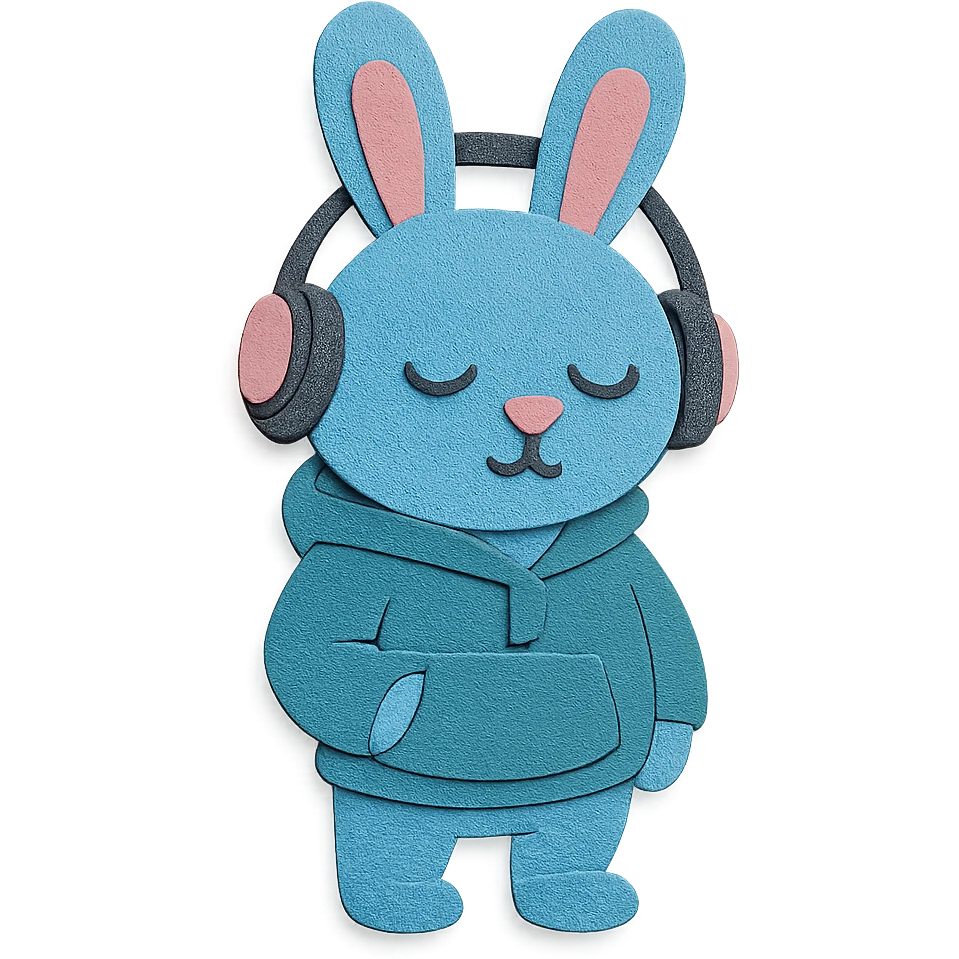 blue bunny in hoodie, one paw in pocket, headphones on, paper-craft style emoji
