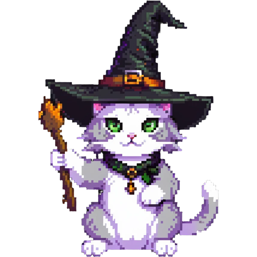 witch cat with a visible paw, cat wearing a witch hat, casting a spell emoji