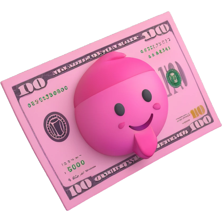 $100 bill in 3D emoji style, pink and white color scheme, playful and bold emoji