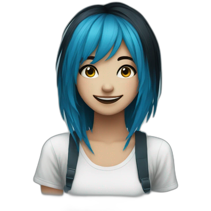 Happy emo girl, black makeup, long choppy blue hair side bangs emoji