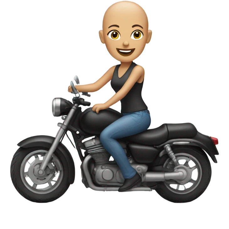 smiling bald woman on motorcycle outdoors emoji