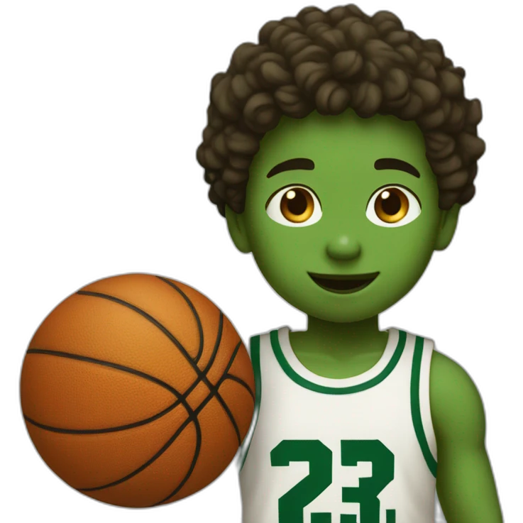 a boy playing basketball with number 3 shirt and the color is green, boy's skin color is white emoji