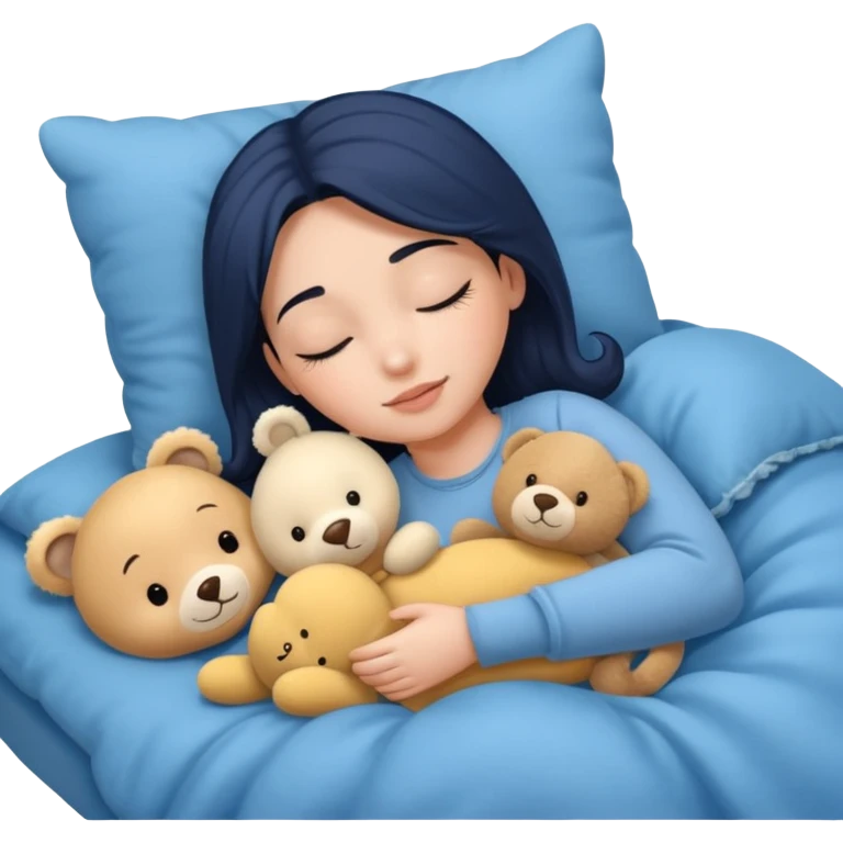 single-girl-in-Warm Cream-cozy-blue-bed-sleeping-pretty-eyelashes-light-skin-with toy emoji