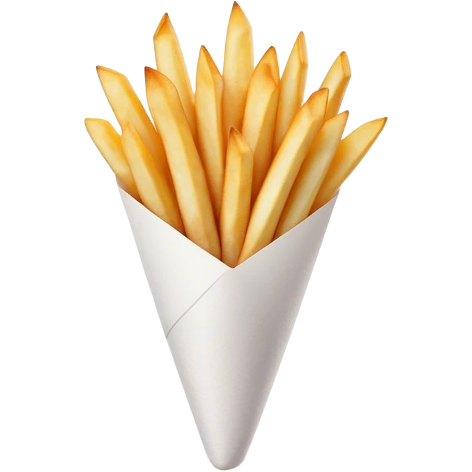 Belgian Fries Cinematic Realistic Belgian Fries Dish Emoji, depicted as a generous serving of crispy fries neatly presented in a white paper cone, rendered with vivid textures and appetizing, natural lighting. emoji