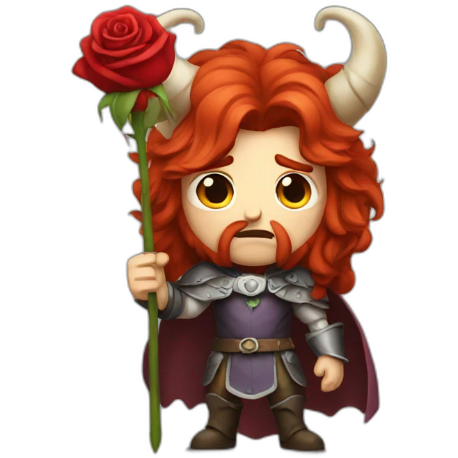angry prince with horns and long red hair holding a rose emoji