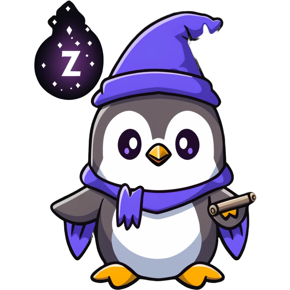Cute penguin wizard casting a spell with sparkles emoji