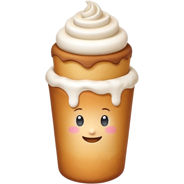 Cute emoji of a Hungarian chimney cake (kürtőskalács), cylindrical pastry, light brown baked dough with sugar coating, topped with white whipped cream, served in a small white paper cup emoji