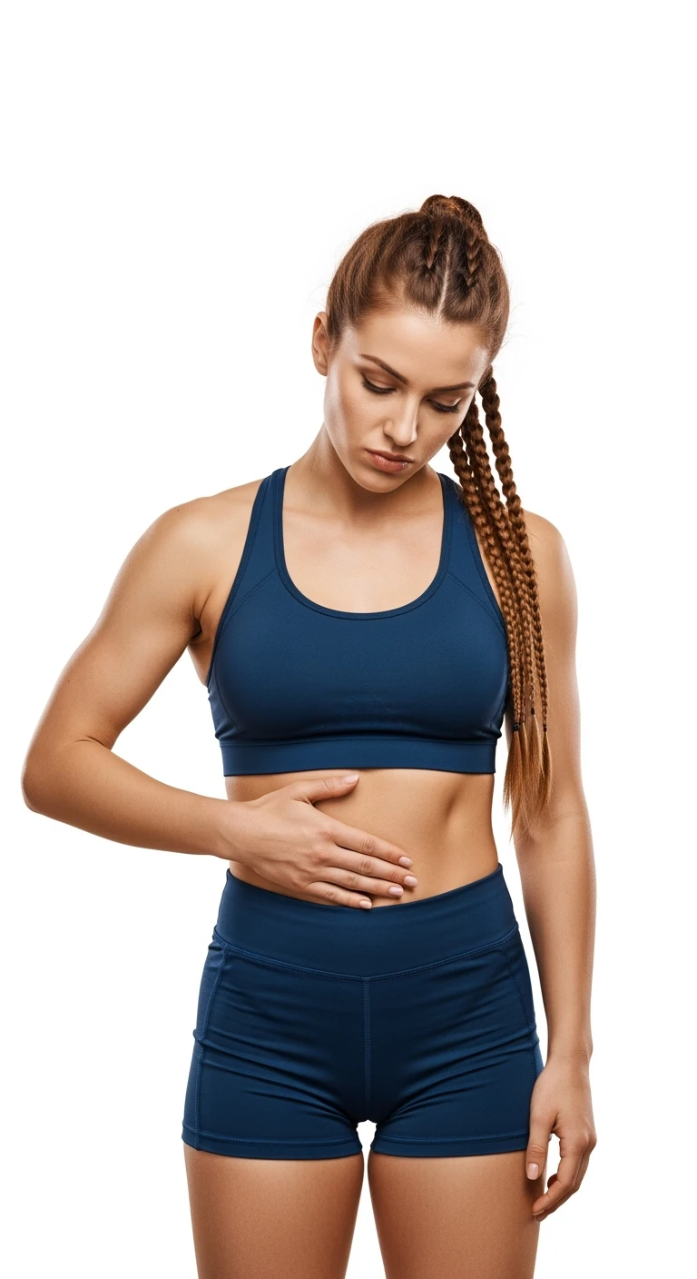 DONNA FITNESS CHE SI TOCCA LA PANCETTA CON ESPRESSIONE INSODDISFATTA IN VOLTO, iperrealistico 4k, ISOLATA SU SFONDO BIANCO emoji