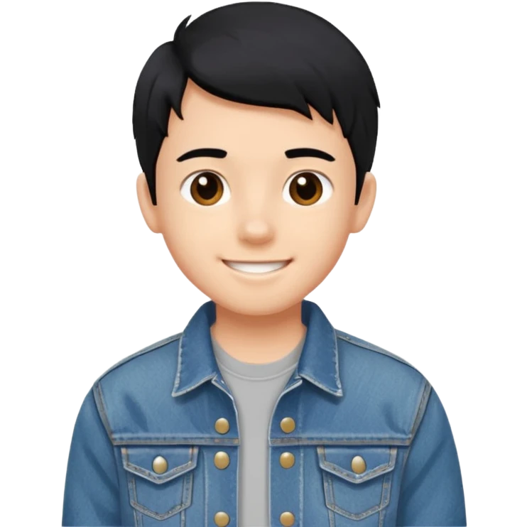 emoji of a teenage boy, straight black hair, wearing a denim jacket, playful smile emoji