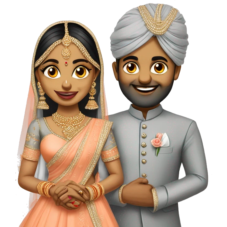 south indian wedding caricature of bride wearing peach colour lehenga and groom wearing Grey coloured suit emoji