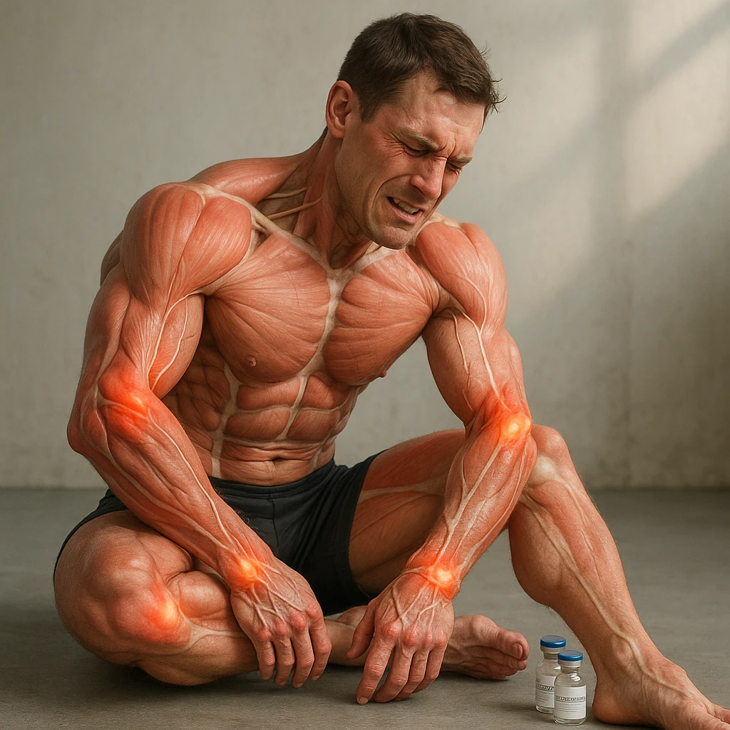 realistic and anatomical crossfit athlete with widespread joint problems (shoulders, elbows, knees, wrists), visible muscles and joints, pained expression, vials labeled 'Stanozololo' nearby, natural light, neutral background emoji