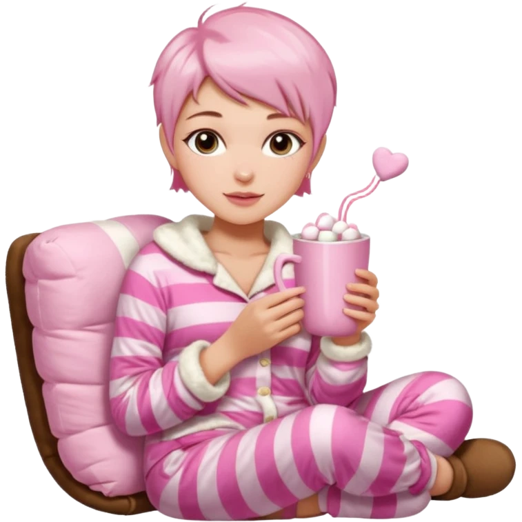  short pixie haircut aesthetic Victoria's Secret pajama set, Ugg boots, holding hot chocolate with pink and white marshmallows, cozy and cute emoji