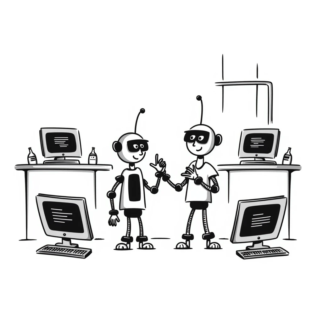 A robotics lab with mechanical arms and old CRT monitors emoji