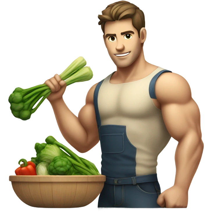 attractive young man white muscular brunette young man using a chopping vegetables emoji