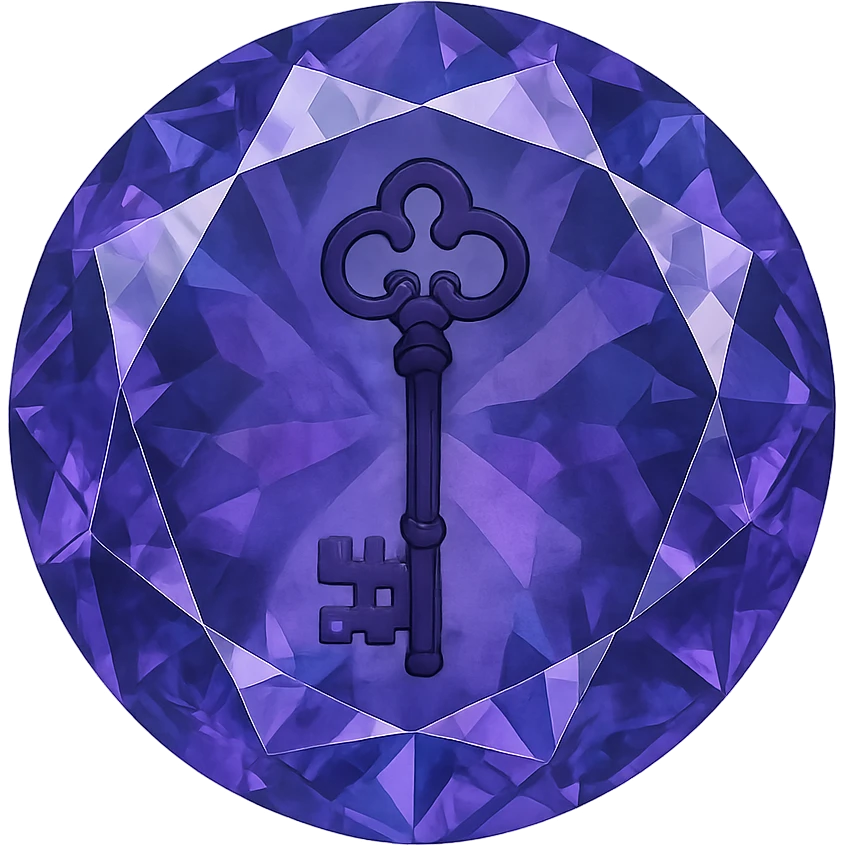 real diamond, circle-diamont gem shape, color #9665db, with complex 🗝️ key  symbol on the diamond. emoji