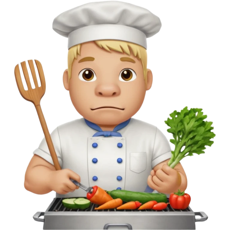 hippo man with tied blond hair and and a white apron grilling vegetables on a sizzling grill emoji