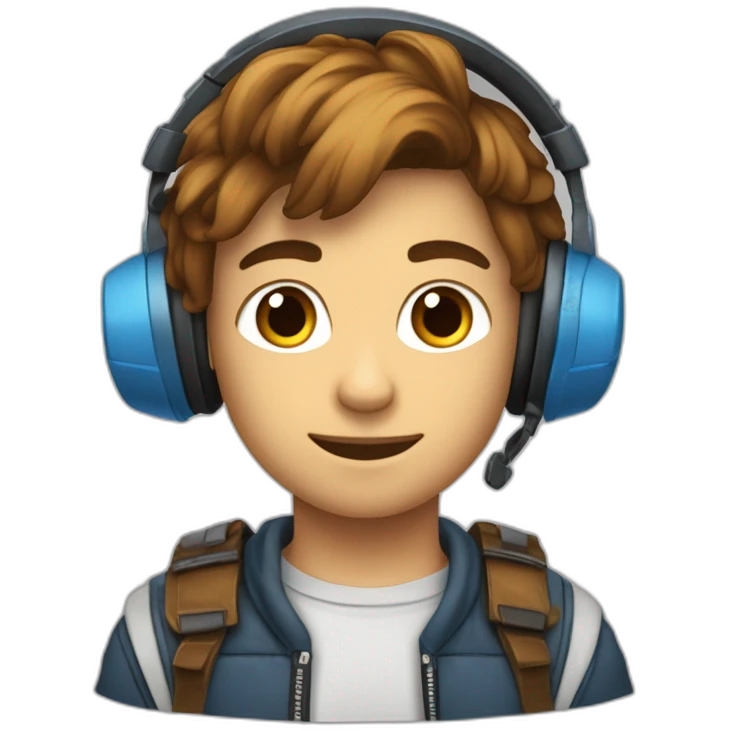 Garçon de 14 ans avec tâche de rousseur et cheveux marron et yeux bleu et casque pour écouter de la musique emoji