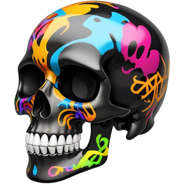 glossy black skull with colorful graffiti designs and fashion logos precisely contained inside the skull contours, three-quarter view emoji
