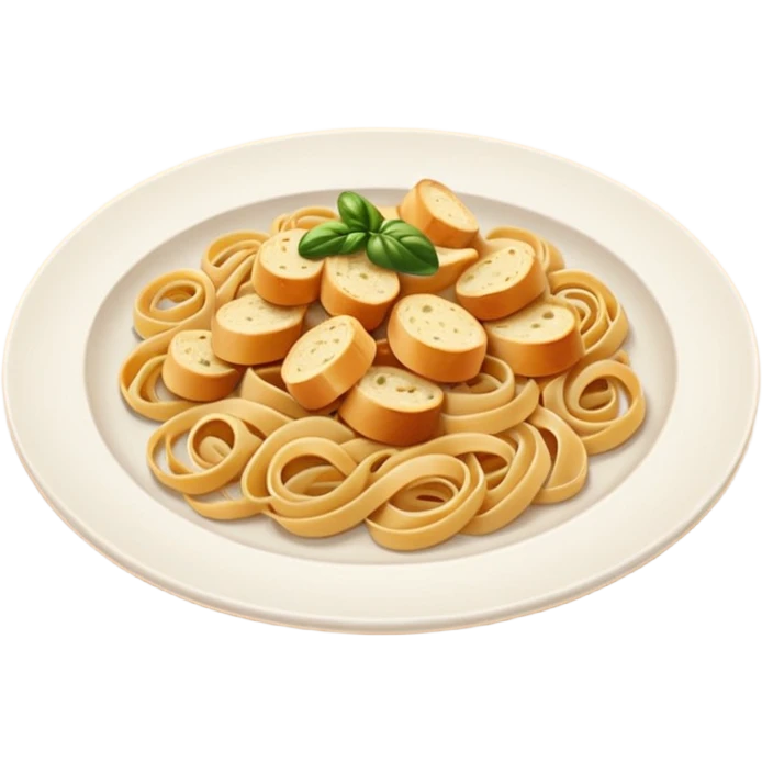 European cuisine humanless avatar in modern emoji-style illustration. Plate with pasta and bread, neutral warm colors, simple shapes, flat design, elegant and friendly. emoji