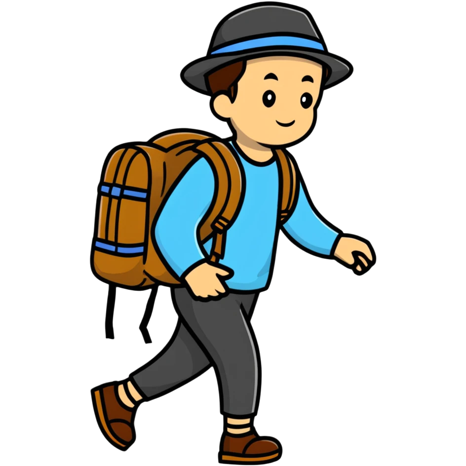 sad tired traveler with backpack and hat walking emoji