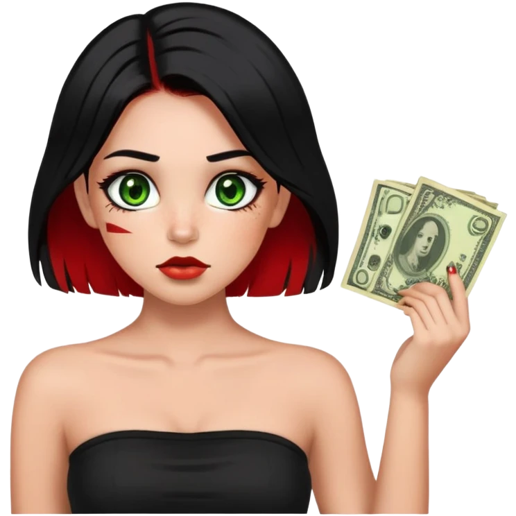 Girl. Green hazel eyes. Black hair with red money-piece hair style and red perk-a-boo underlights. Medium long hair. black strapless crop top. birthmarks on the lower right side of the nose and under the lips on the left. Skinny face. emoji