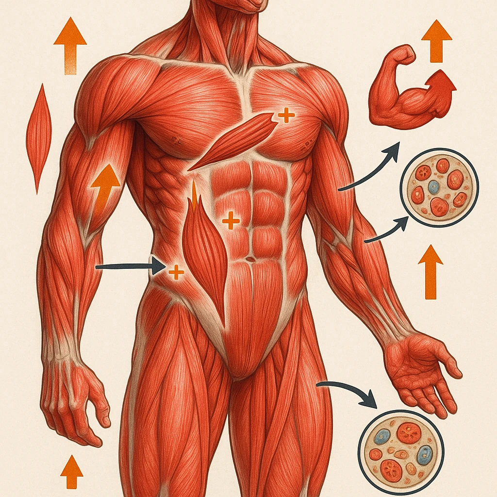hyper realistic illustration showing various large and small muscles of the human body, all highlighted and connected by arrows or symbols representing the physiology of hypertrophic growth, detailed anatomy, educational and modern atmosphere, vivid colors, light background, symbols of muscle growth and cellular processes visible to emphasize the concept of common physiological response emoji